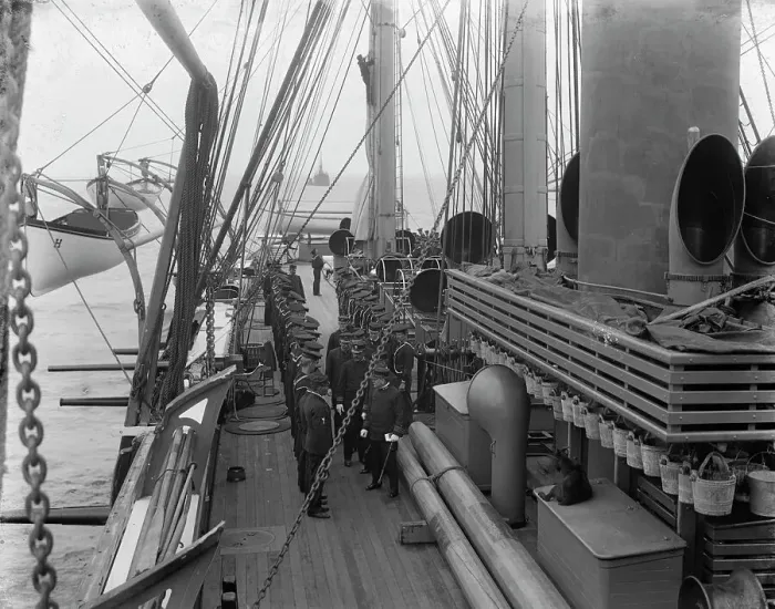 Framed Print : U.S.S. Hartford, inspection, looking aft. starboard side, between 1899 and 1901. Creator: Unknown Framed Print : U.S.S. Hartford, inspection, looking aft. starboard side, between 1899 and 1901. Creator: Unknown