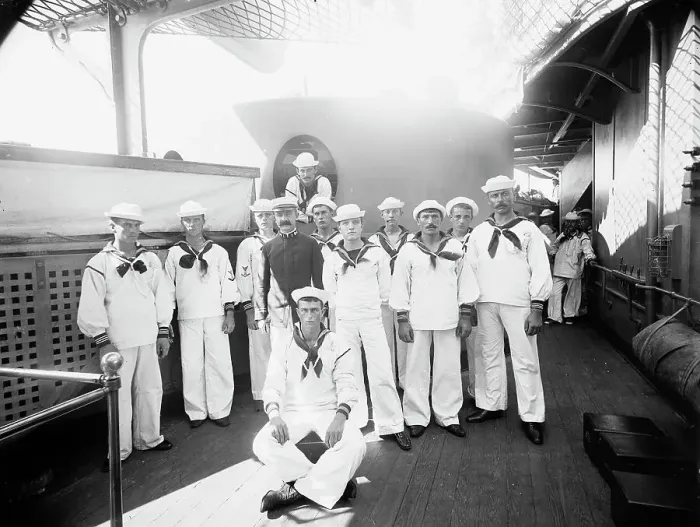 Framed Print : U.S.S. Indiana, group of seamen, between 1895 and 1901. Creator: William H. Jackson Framed Print : U.S.S. Indiana, group of seamen, between 1895 and 1901. Creator: William H. Jackson