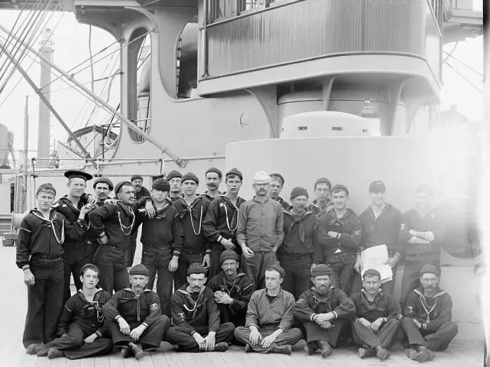 Framed Print : U.S.S. Indiana, group of seamen, between 1895 and 1901. Creator: William H. Jackson