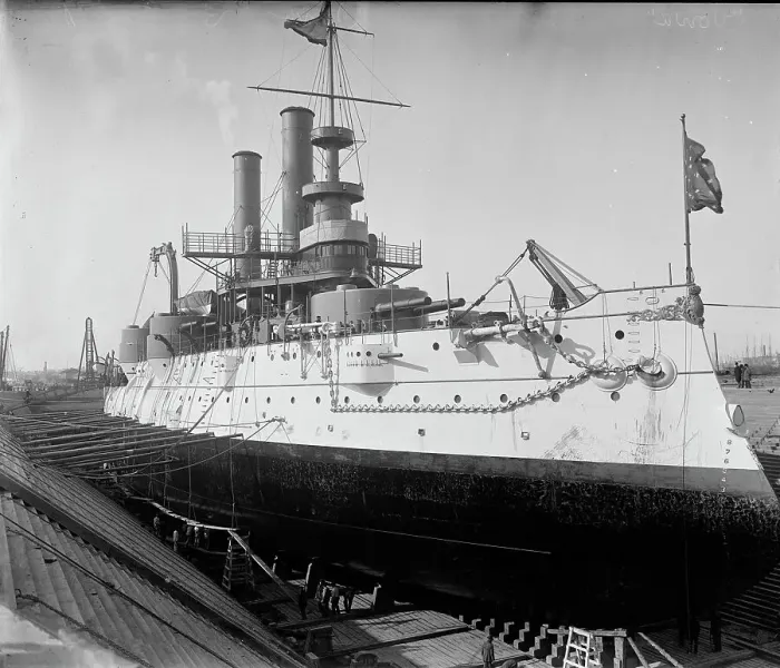 Framed Print : U.S.S. Iowa in dry dock, Brooklyn Navy Yard, between 1897 and 1901. Creator: Unknown