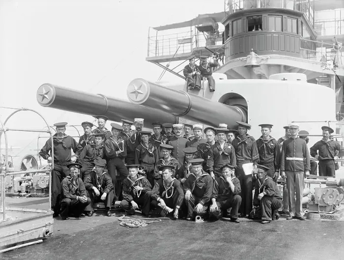 Framed Print : U.S.S. Iowa, group under 12-inch guns, (1898?). Creator: Edward H Hart