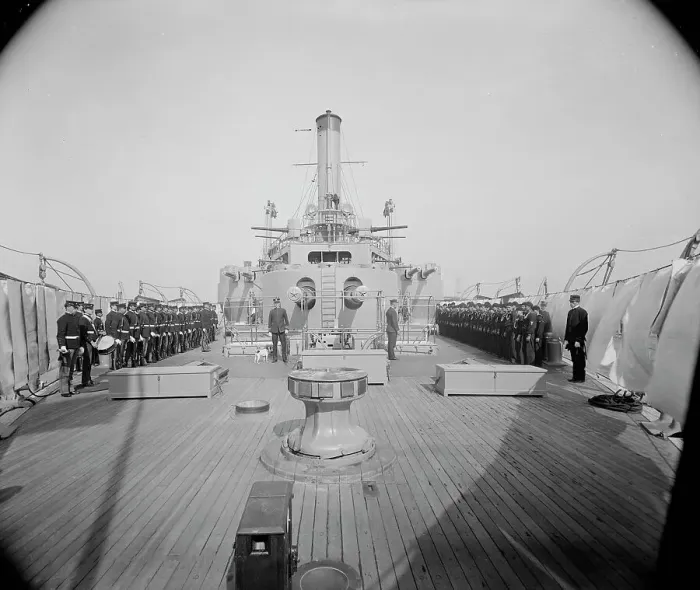Framed Print : U.S.S. Iowa, looking forward from quarter deck at inspection, between 1897 and 1901. Creator: Unknown Framed Print : U.S.S. Iowa, looking forward from quarter deck at inspection, between 1897 and 1901. Creator: Unknown