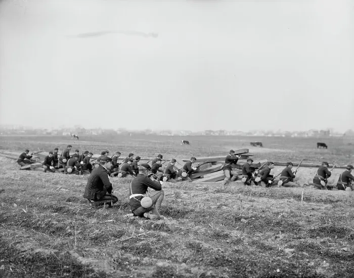 Framed Print : U.S.S. Maine, marine skirmish drill, (1896?). Creator: Unknown