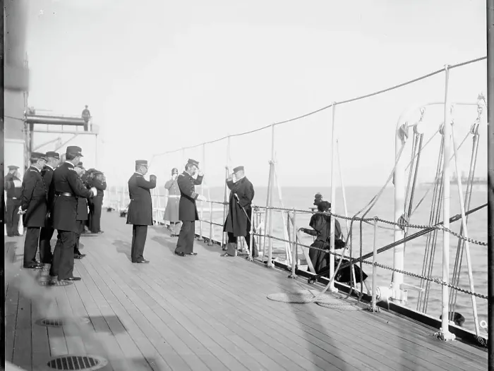 Framed Print : U.S.S. Maine, receiving a visitor, (1896?). Creator: William H. Jackson Framed Print : U.S.S. Maine, receiving a visitor, (1896?). Creator: William H. Jackson