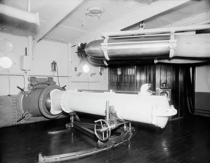 Framed Print : U.S.S. Maine, torpedo tube, (1896?). Creator: Unknown Framed Print : U.S.S. Maine, torpedo tube, (1896?). Creator: Unknown