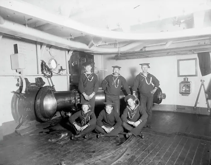 Framed Print : U.S.S. Maine, torpedo tube, (1896?). Creator: Unknown Framed Print : U.S.S. Maine, torpedo tube, (1896?). Creator: Unknown