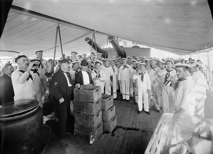 Framed Print : U.S.S. Massachusetts, beer line, between 1896 and 1901. Creator: William H. Jackson Framed Print : U.S.S. Massachusetts, beer line, between 1896 and 1901. Creator: William H. Jackson
