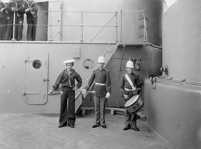 Framed Print : U.S.S. Massachusetts buglers and drummer, between 1896 and 1901. Creator: Unknown Framed Print : U.S.S. Massachusetts buglers and drummer, between 1896 and 1901. Creator: Unknown