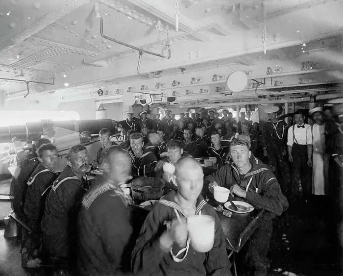 Framed Print : U.S.S. Massachusetts, crew at mess, between 1896 and 1901. Creator: Unknown Framed Print : U.S.S. Massachusetts, crew at mess, between 1896 and 1901. Creator: Unknown