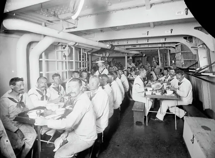 Framed Print : U.S.S. Massachusetts, crew at mess, between 1896 and 1901. Creator: Unknown Framed Print : U.S.S. Massachusetts, crew at mess, between 1896 and 1901. Creator: Unknown