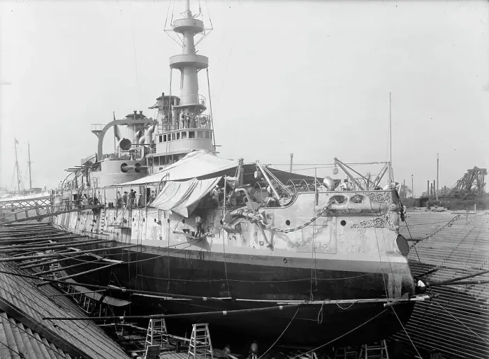 Framed Print : U.S.S. Massachusetts in dry dock, between 1896 and 1901. Creator: Unknown