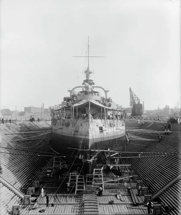 Framed Print : U.S.S. Massachusetts in dry dock, between 1896 and 1901. Creator: Unknown