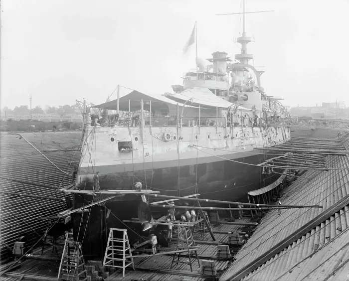 Framed Print : U.S.S. Massachusetts in dry dock, between 1896 and 1901. Creator: Unknown