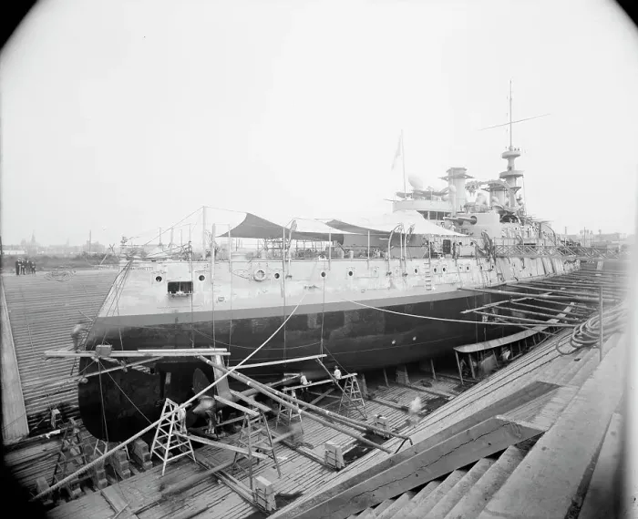 Framed Print : U.S.S. Massachusetts in dry dock, between 1896 and 1901. Creator: Unknown