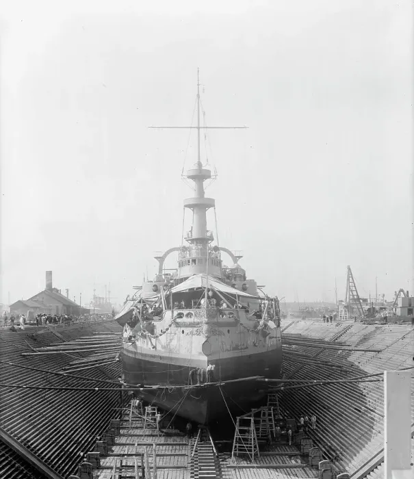 Framed Print : U.S.S. Massachusetts in dry dock, between 1896 and 1901. Creator: William H. Jackson