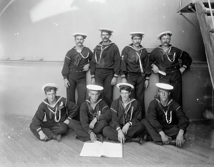 Framed Print : U.S.S. Massachusetts, group of seamen, between 1896 and 1901. Creator: William H. Jackson Framed Print : U.S.S. Massachusetts, group of seamen, between 1896 and 1901. Creator: William H. Jackson