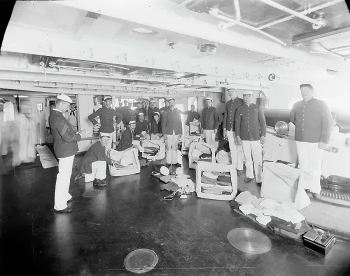 Framed Print : U.S.S. Massachusetts, kit inspection, between 1896 and 1901. Creator: William H. Jackson Framed Print : U.S.S. Massachusetts, kit inspection, between 1896 and 1901. Creator: William H. Jackson