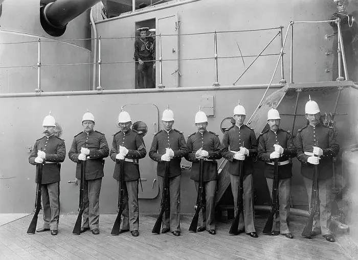 Framed Print : U.S.S. Massachusetts, marine guard, between 1896 and 1901. Creator: Unknown Framed Print : U.S.S. Massachusetts, marine guard, between 1896 and 1901. Creator: Unknown