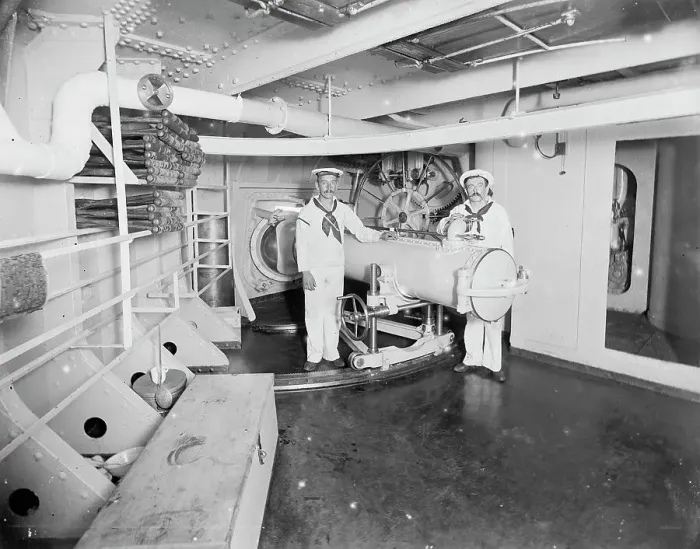 Framed Print : U.S.S. Massachusetts, torpedo tube, between 1896 and 1901. Creator: Unknown Framed Print : U.S.S. Massachusetts, torpedo tube, between 1896 and 1901. Creator: Unknown