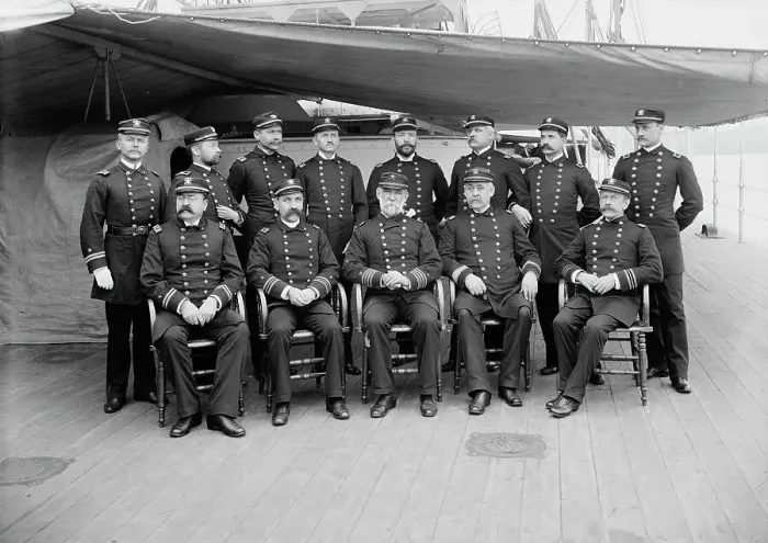 Framed Print : U.S.S. Miantonomoh, Capt. Montgomery Sicard and officers, between 1890 and 1901. Creator: Unknown Framed Print : U.S.S. Miantonomoh, Capt. Montgomery Sicard and officers, between 1890 and 1901. Creator: Unknown
