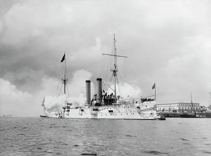 Framed Print : U.S.S. Montgomery firing last salute to Spanish flag at Havana, ca 1898. Creator: Unknown Framed Print : U.S.S. Montgomery firing last salute to Spanish flag at Havana, ca 1898. Creator: Unknown