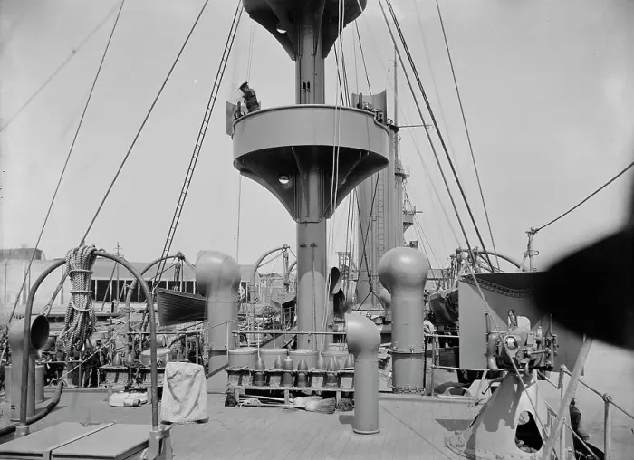 Framed Print : U.S.S. New Orleans, looking forward from quarter-deck, 1900 or 1901. Creator: Unknown Framed Print : U.S.S. New Orleans, looking forward from quarter-deck, 1900 or 1901. Creator: Unknown