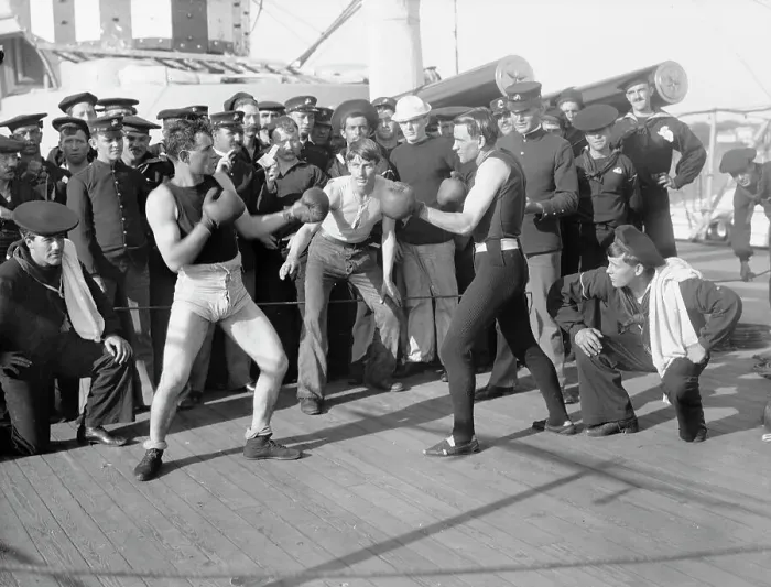 Framed Print : U.S.S. New York, a 10-round bout, anniversary of Santiago, 1899 July 3. Creator: Unknown Framed Print : U.S.S. New York, a 10-round bout, anniversary of Santiago, 1899 July 3. Creator: Unknown