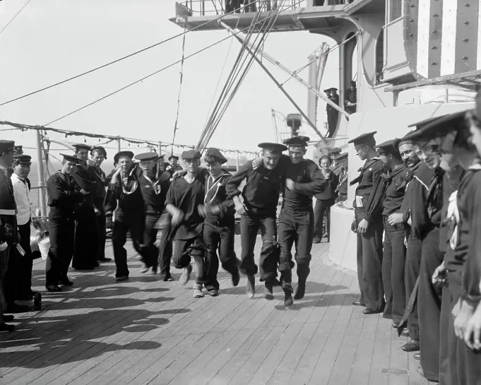 Framed Print : U.S.S. New York, 3 legged race, anniversary of Santiago, 1899 July 3. Creator: Unknown Framed Print : U.S.S. New York, 3 legged race, anniversary of Santiago, 1899 July 3. Creator: Unknown