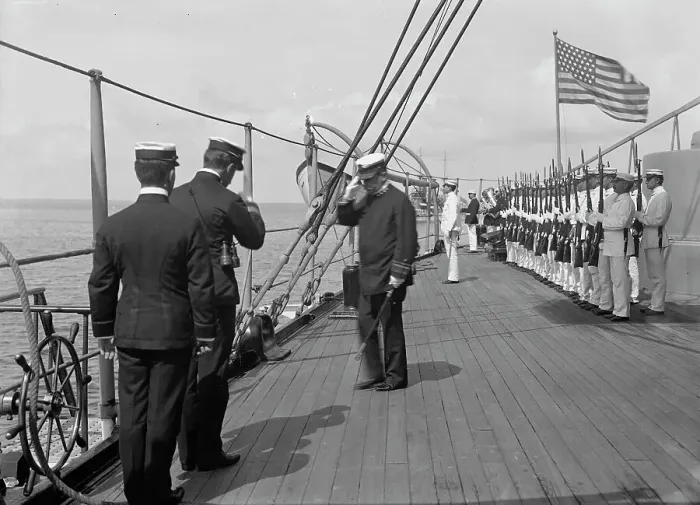 Framed Print : U.S.S. New York, Admiral Farquhar leaving the ship, 1899, 1899. Creator: Unknown Framed Print : U.S.S. New York, Admiral Farquhar leaving the ship, 1899, 1899. Creator: Unknown