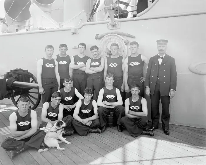 Framed Print : U.S.S. New York, apprentice boat crew, anniversary of Santiago, 1899 July 3. Creator: Unknown Framed Print : U.S.S. New York, apprentice boat crew, anniversary of Santiago, 1899 July 3. Creator: Unknown