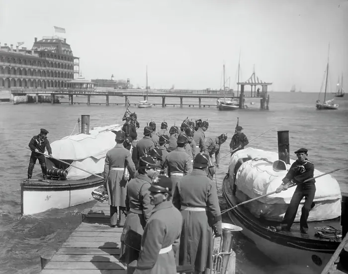 Framed Print : U.S.S. New York, band going aboard at Hampton Roads, between 1893 and 1901. Creator: Edward H Hart Framed Print : U.S.S. New York, band going aboard at Hampton Roads, between 1893 and 1901. Creator: Edward H Hart