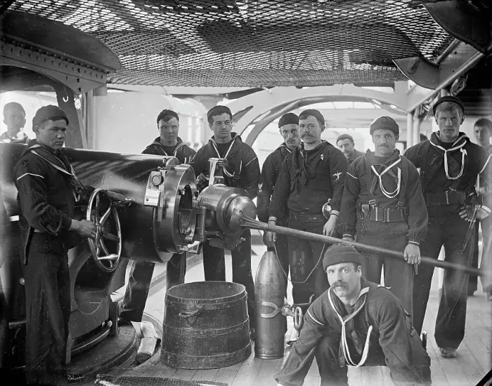 Framed Print : U.S.S. New York, breech of 8 inch gun and crew, between 1893 and 1901. Creator: William H. Jackson Framed Print : U.S.S. New York, breech of 8 inch gun and crew, between 1893 and 1901. Creator: William H. Jackson