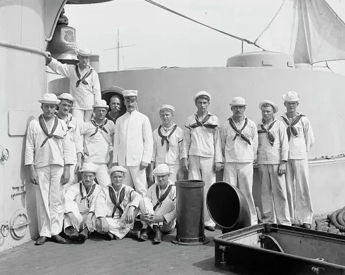 Framed Print : U.S.S. New York, crew of forward 8 inch guns, between 1893 and 1901. Creator: William H. Jackson Framed Print : U.S.S. New York, crew of forward 8 inch guns, between 1893 and 1901. Creator: William H. Jackson