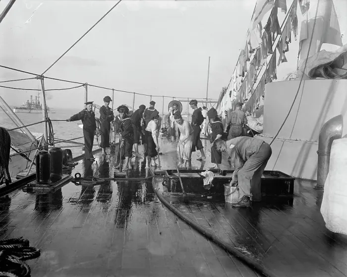Framed Print : U.S.S. New York, scrubbing down, between 1893 and 1901. Creator: William H. Jackson Framed Print : U.S.S. New York, scrubbing down, between 1893 and 1901. Creator: William H. Jackson