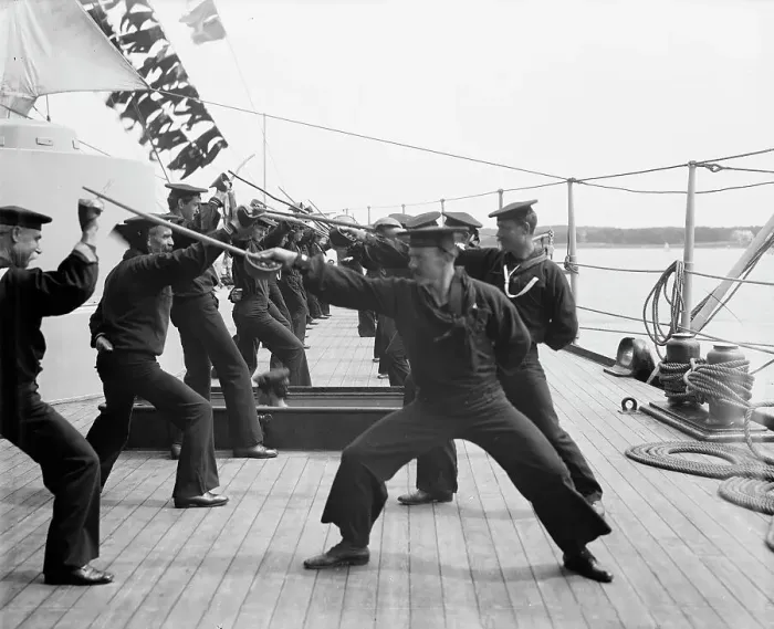 Framed Print : U.S.S. New York, single stick exercise, between 1893 and 1901. Creator: Unknown Framed Print : U.S.S. New York, single stick exercise, between 1893 and 1901. Creator: Unknown
