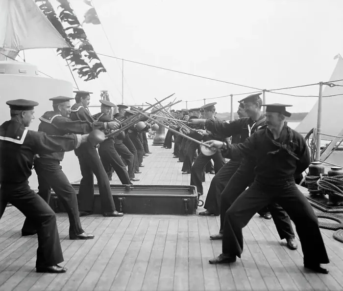 Framed Print : U.S.S. New York, single stick exercise, (1899?). Creator: Unknown Framed Print : U.S.S. New York, single stick exercise, (1899?). Creator: Unknown