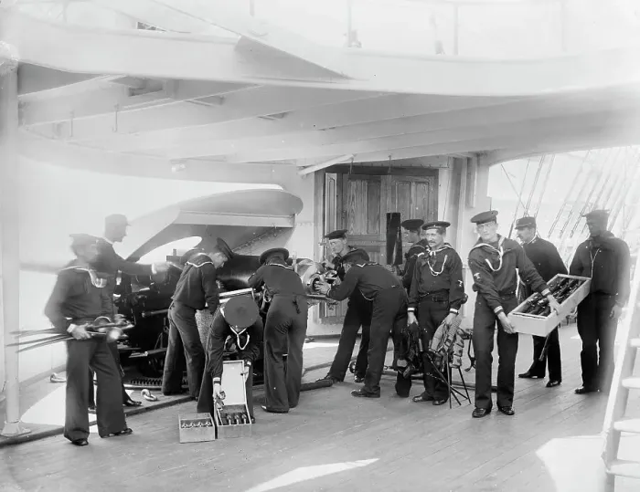 Framed Print : U.S.S. Newark, 6 in. gun and crew, between 1891 and 1901. Creator: Unknown Framed Print : U.S.S. Newark, 6 in. gun and crew, between 1891 and 1901. Creator: Unknown