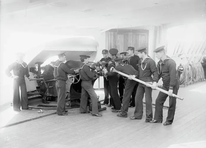 Framed Print : U.S.S. Newark, loading 6-inch gun, between 1891 and 1901. Creator: Unknown Framed Print : U.S.S. Newark, loading 6-inch gun, between 1891 and 1901. Creator: Unknown