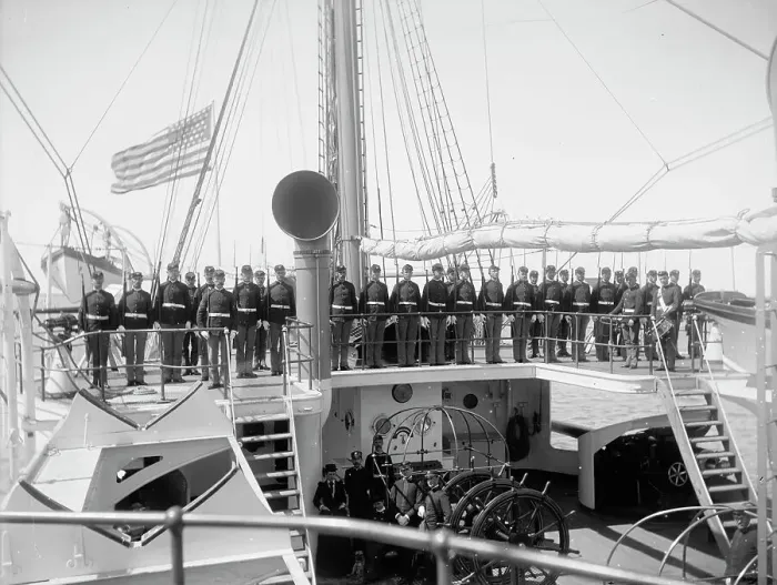 Framed Print : U.S.S. Newark, marine guard parading on quarter deck, between 1891 and 1901. Creator: Unknown Framed Print : U.S.S. Newark, marine guard parading on quarter deck, between 1891 and 1901. Creator: Unknown
