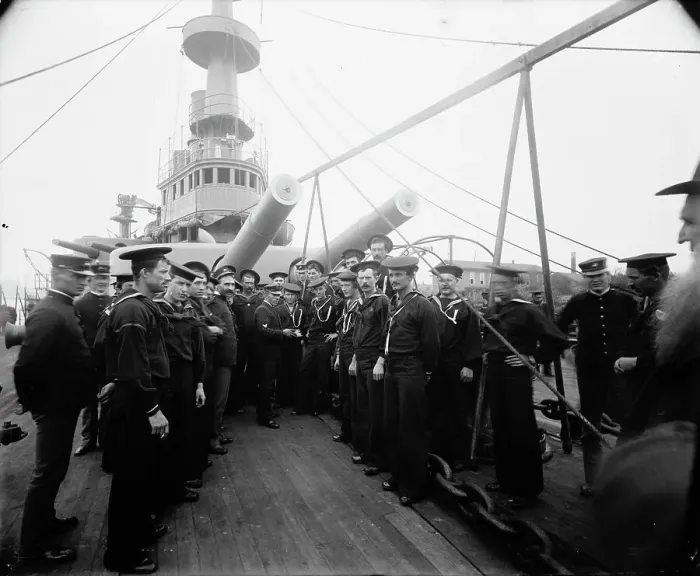 Framed Print : U.S.S. Oregon, distributing mail, between 1896 and 1901. Creator: Unknown Framed Print : U.S.S. Oregon, distributing mail, between 1896 and 1901. Creator: Unknown