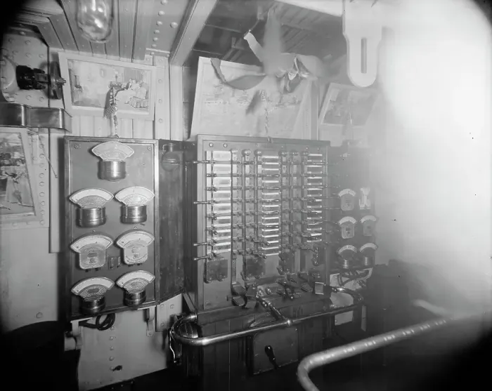 Framed Print : U.S.S. Oregon switchboard in dynamo room, between 1896 and 1901. Creator: Edward H Hart Framed Print : U.S.S. Oregon switchboard in dynamo room, between 1896 and 1901. Creator: Edward H Hart