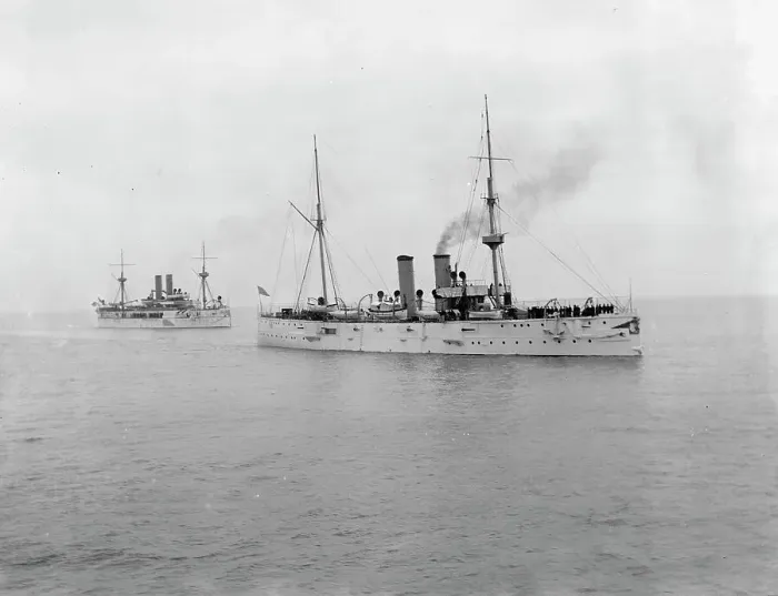 Framed Print : U.S.S. Raleigh and U.S.S. Maine, between 1895 and 1898. Creator: Unknown Framed Print : U.S.S. Raleigh and U.S.S. Maine, between 1895 and 1898. Creator: Unknown