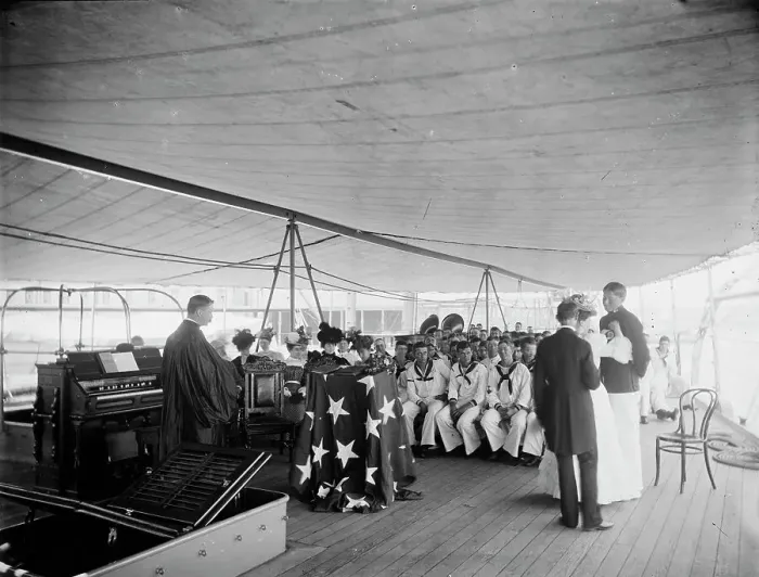 Framed Print : U.S.S. Texas, presentation of cross and badge to Ensign Gherardi by the King's... Aug. 8, 1897. Creator: Unknown Framed Print : U.S.S. Texas, presentation of cross and badge to Ensign Gherardi by the King's... Aug. 8, 1897. Creator: Unknown