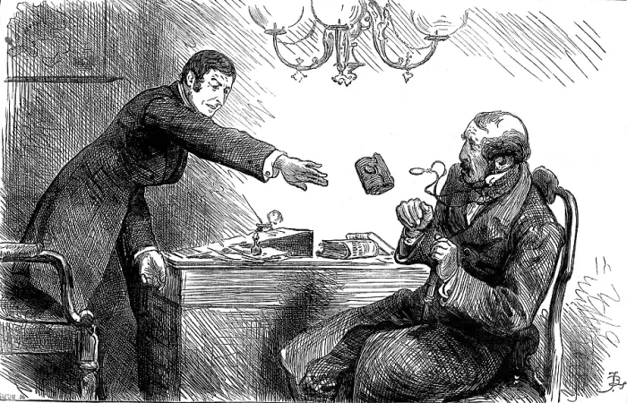 Framed Print : The usurer...chucked him scornfully an old pocket-book with a ten-pound note inside... 1880. Creator: Unknown Framed Print : The usurer...chucked him scornfully an old pocket-book with a ten-pound note inside... 1880. Creator: Unknown