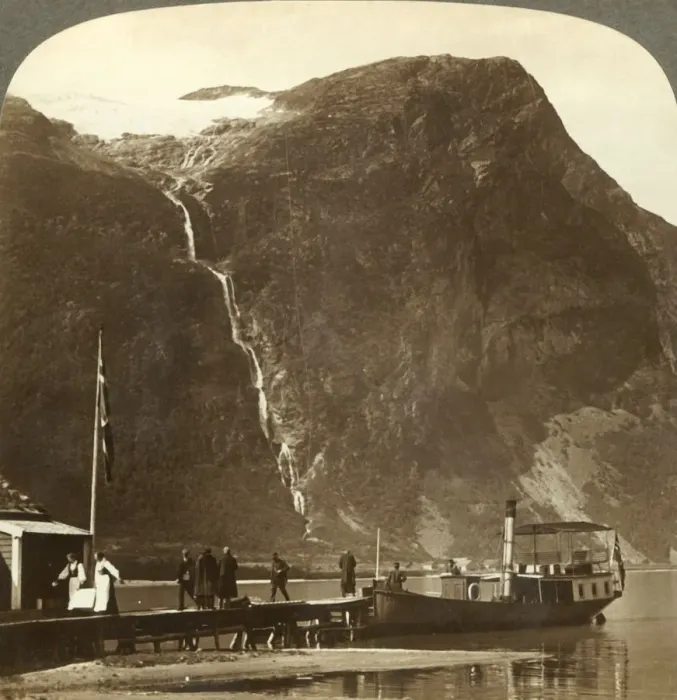 Framed Print : Utigards Falls from Ravnefjeld glacier at Lake Loen - from Naesdal, Norway, c1905