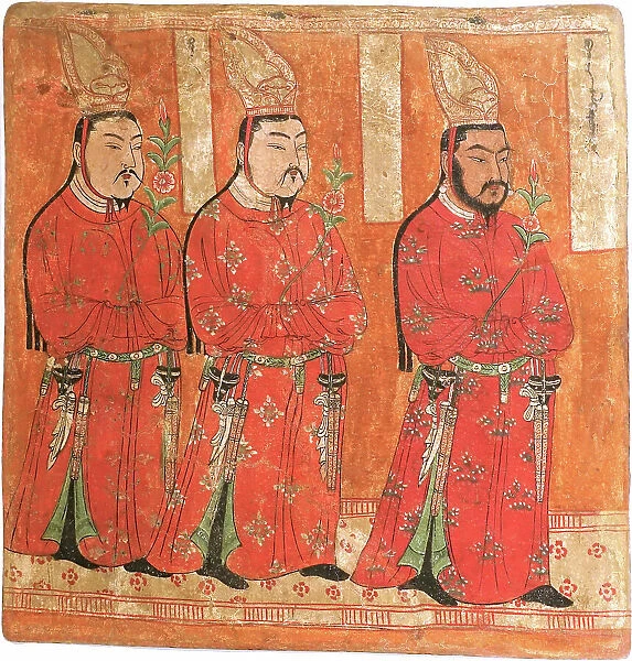 Uyghur Princes wearing Chinese-styled robes and headgear. (From the Bezeklik Caves), 8th-9th century Creator: Central Asian Art