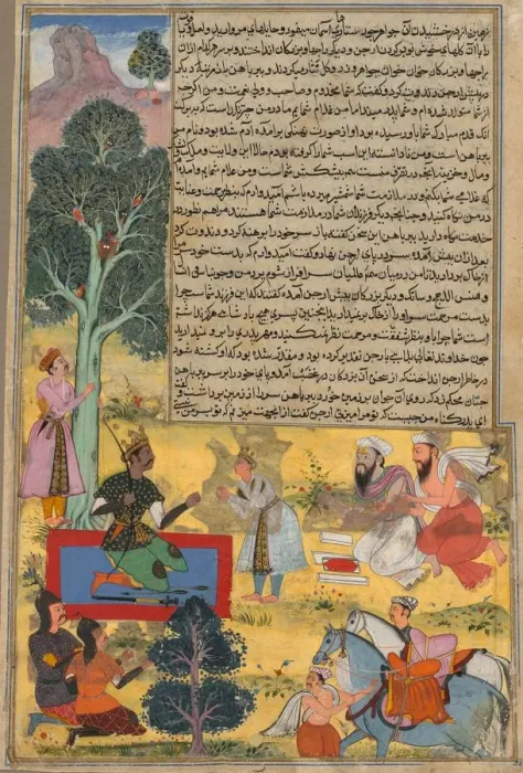 Framed Print : Vabhruvahana Approaches Arjuna, page from the Khan Khanans Razm-nama, c. 1610 (?) - 1617 Framed Print : Vabhruvahana Approaches Arjuna, page from the Khan Khanans Razm-nama, c. 1610 (?) - 1617
