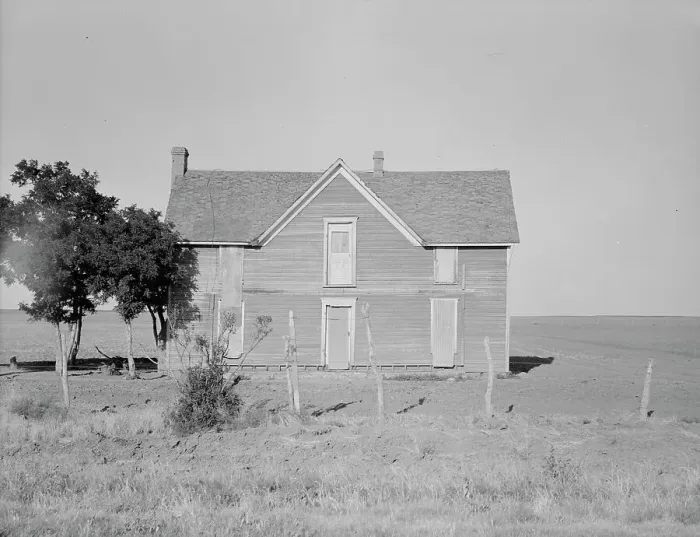 Framed Print : Vacant farmhouse in area of mechanization and drought near Olustee, Oklahoma, 1938. Creator: Dorothea Lange Framed Print : Vacant farmhouse in area of mechanization and drought near Olustee, Oklahoma, 1938. Creator: Dorothea Lange