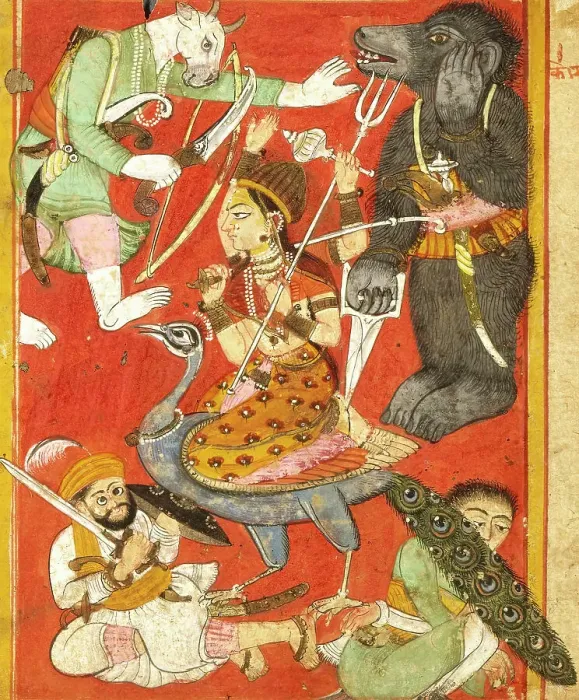 Framed Print : Vaishnavi and Varahi Fighting Asuras(Recto), Kumari Fighting Asuras(Verso)... between 1675 and 1700 Creator: Unknown Framed Print : Vaishnavi and Varahi Fighting Asuras(Recto), Kumari Fighting Asuras(Verso)... between 1675 and 1700 Creator: Unknown
