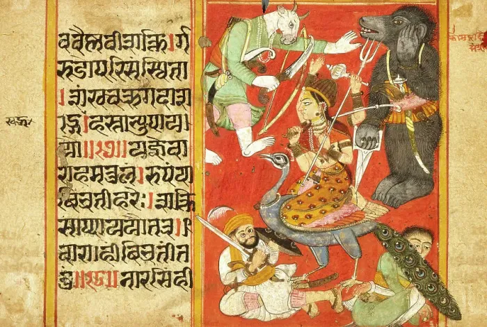 Framed Print : Vaishnavi and Varahi Fighting Asuras(Recto), Kumari Fighting Asuras(Verso)... between 1675 and 1700 Creator: Unknown Framed Print : Vaishnavi and Varahi Fighting Asuras(Recto), Kumari Fighting Asuras(Verso)... between 1675 and 1700 Creator: Unknown
